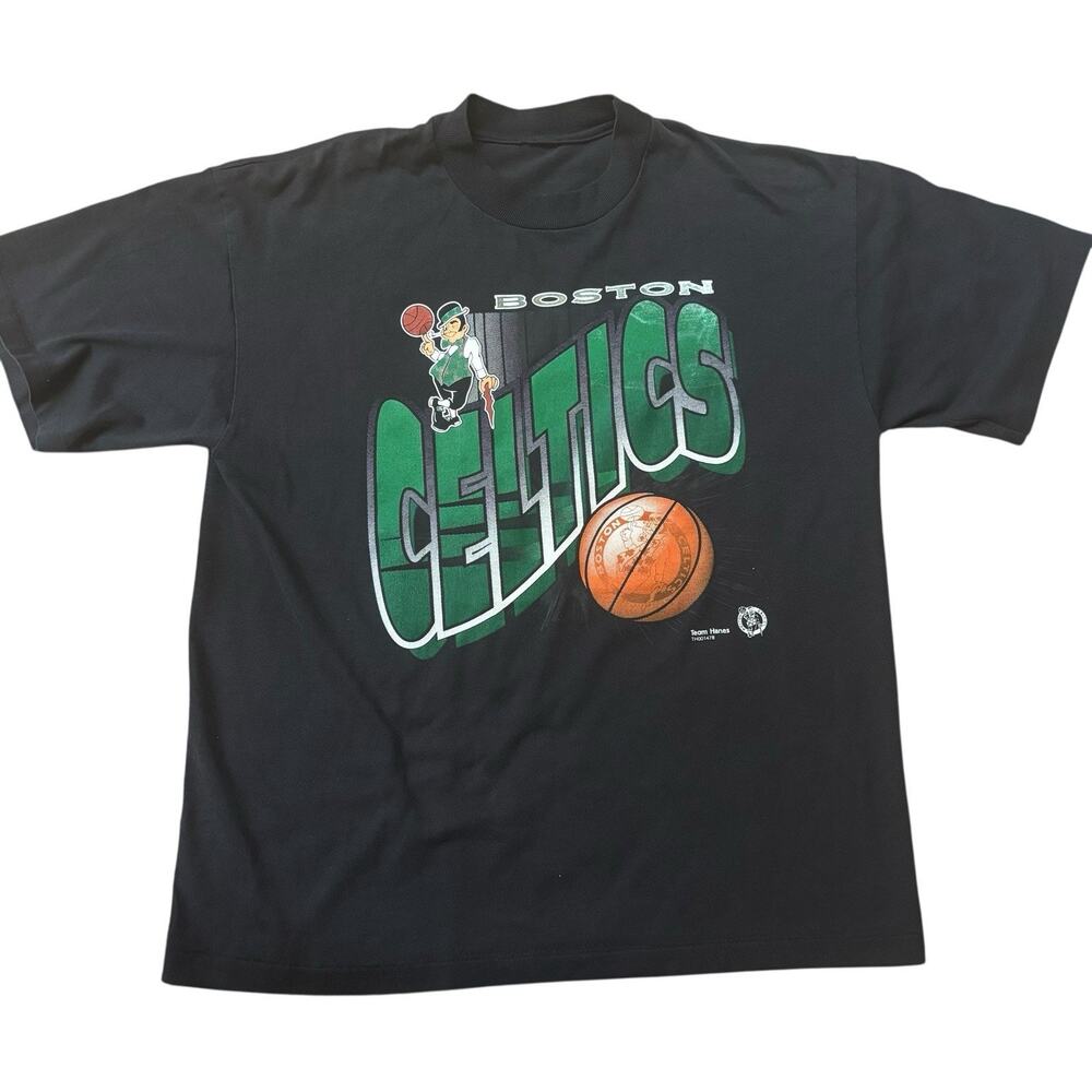 Vintage Boston Celtics Youth XL Single Stitch Black Green Basketball Tee
